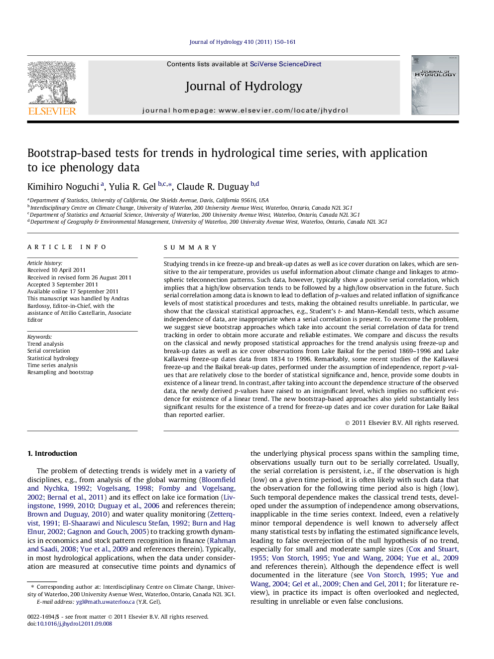 Bootstrap-based tests for trends in hydrological time series, with application to ice phenology data