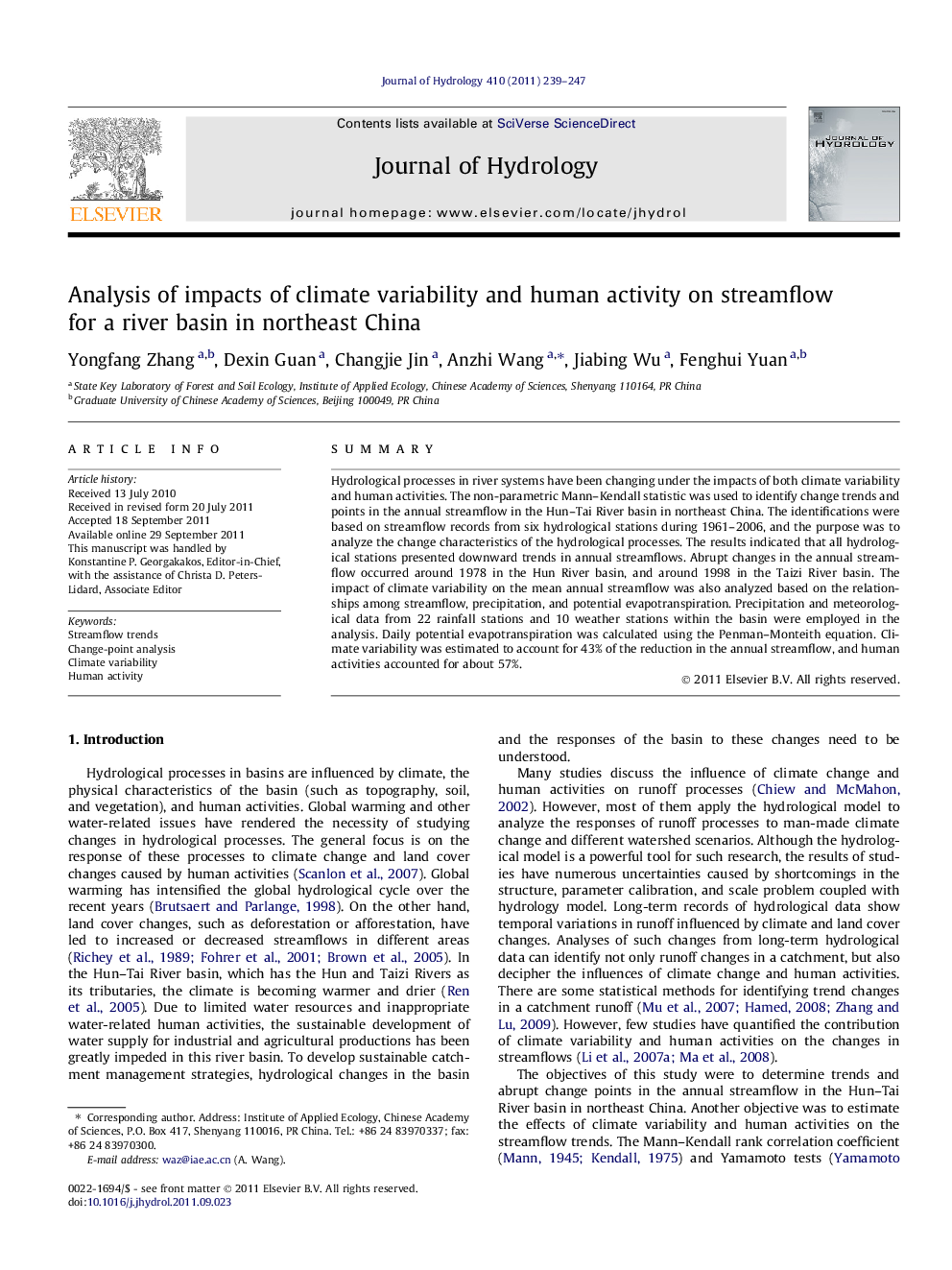 Analysis of impacts of climate variability and human activity on streamflow for a river basin in northeast China