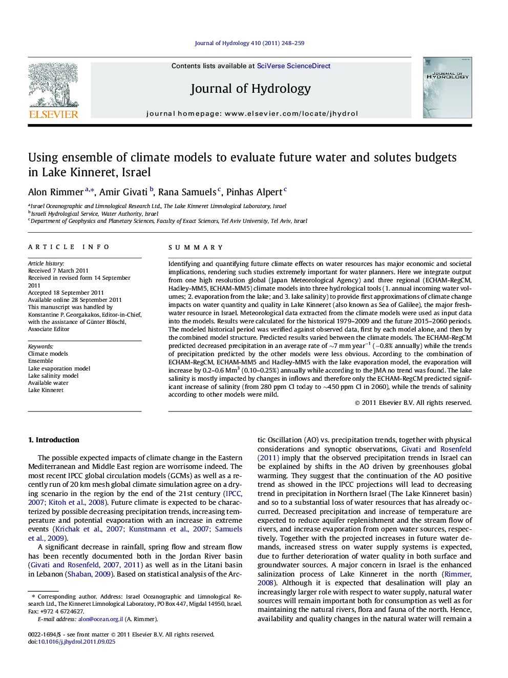 Using ensemble of climate models to evaluate future water and solutes budgets in Lake Kinneret, Israel