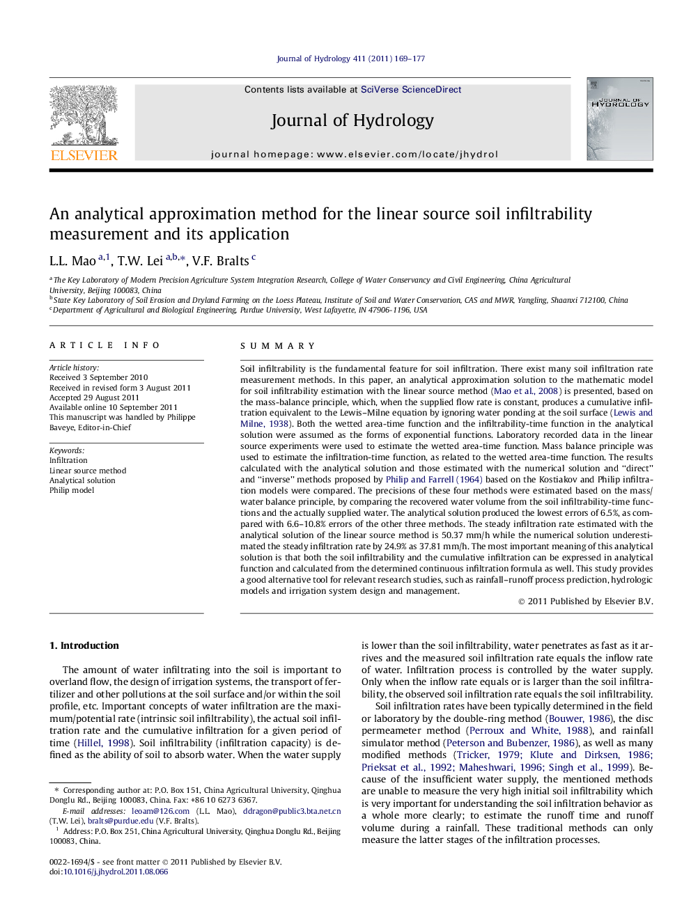 An analytical approximation method for the linear source soil infiltrability measurement and its application