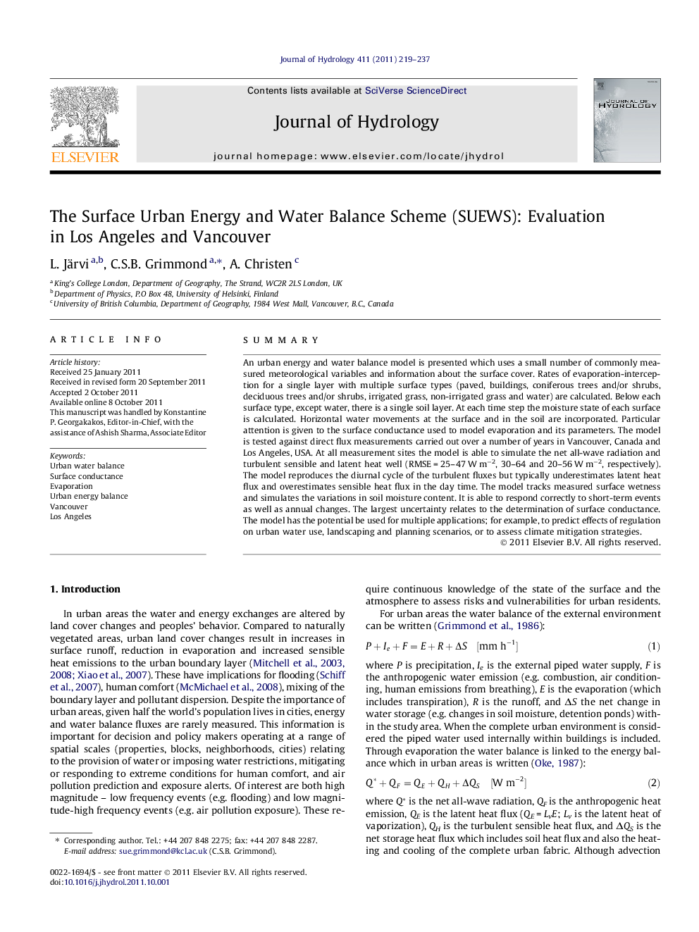 The Surface Urban Energy and Water Balance Scheme (SUEWS): Evaluation in Los Angeles and Vancouver