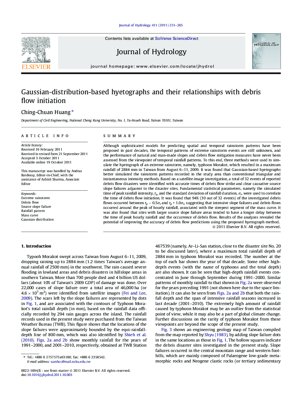 Gaussian-distribution-based hyetographs and their relationships with debris flow initiation