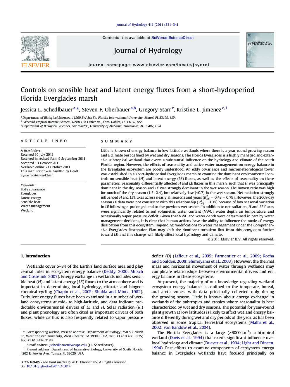 Controls on sensible heat and latent energy fluxes from a short-hydroperiod Florida Everglades marsh