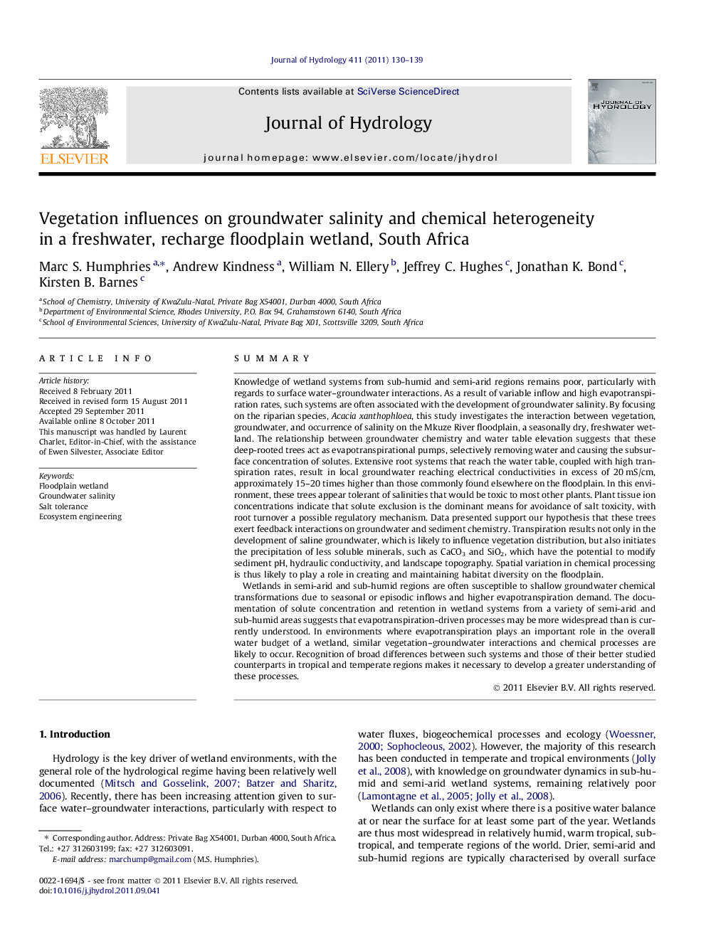 Vegetation influences on groundwater salinity and chemical heterogeneity in a freshwater, recharge floodplain wetland, South Africa