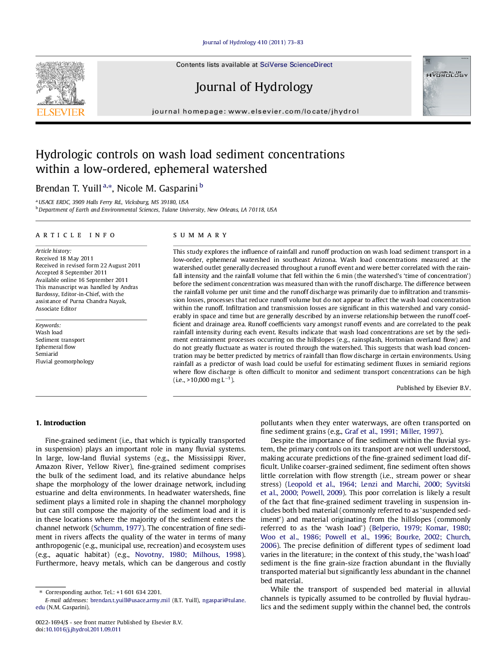 Hydrologic controls on wash load sediment concentrations within a low-ordered, ephemeral watershed