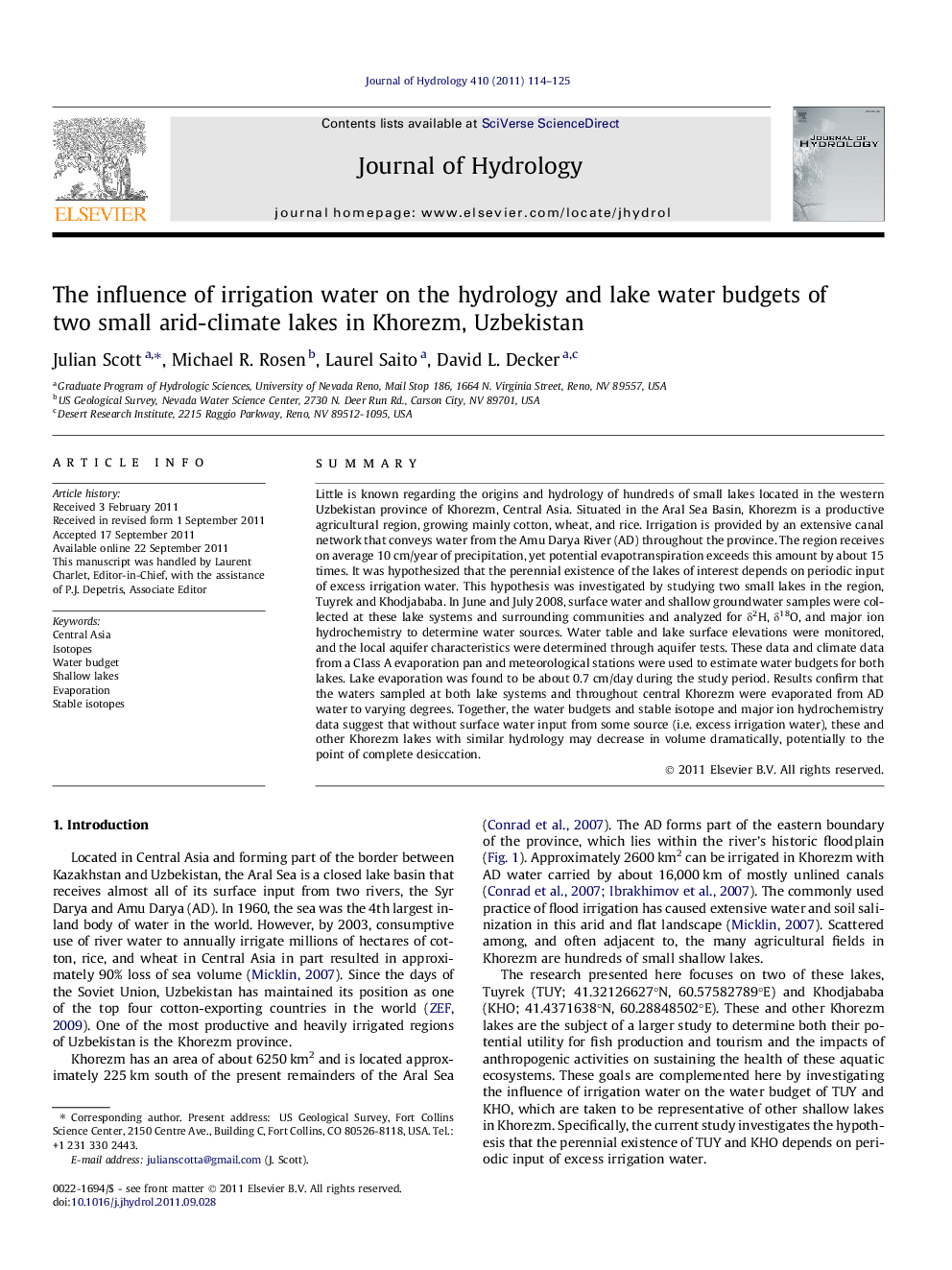 The influence of irrigation water on the hydrology and lake water budgets of two small arid-climate lakes in Khorezm, Uzbekistan