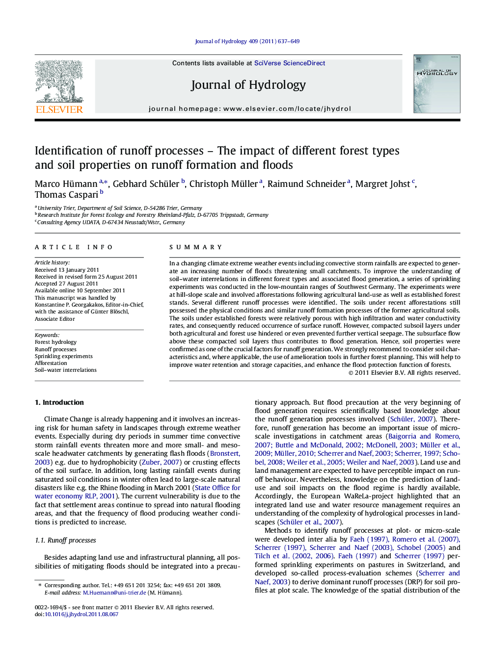 Identification of runoff processes – The impact of different forest types and soil properties on runoff formation and floods