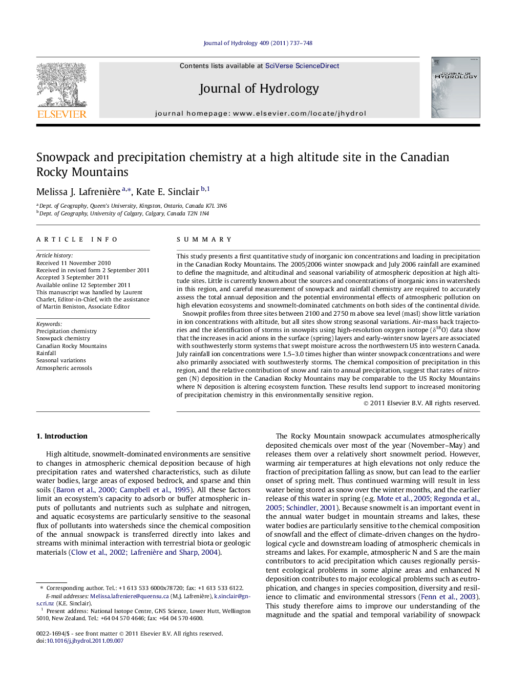 Snowpack and precipitation chemistry at a high altitude site in the Canadian Rocky Mountains