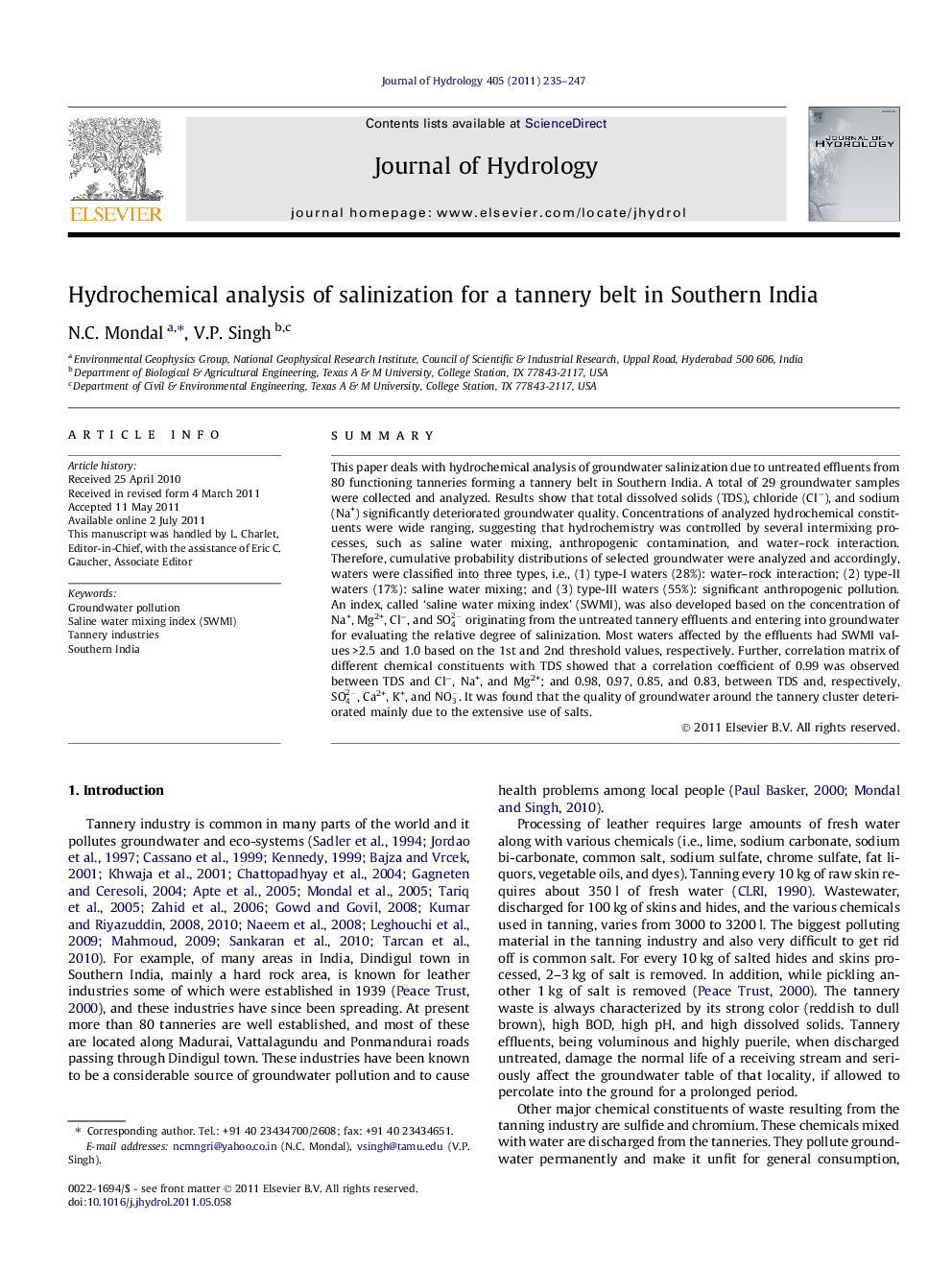 Hydrochemical analysis of salinization for a tannery belt in Southern India