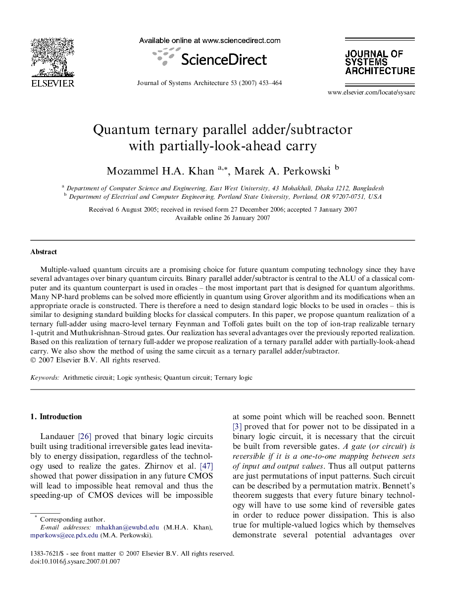 Quantum ternary parallel adder/subtractor with partially-look-ahead carry