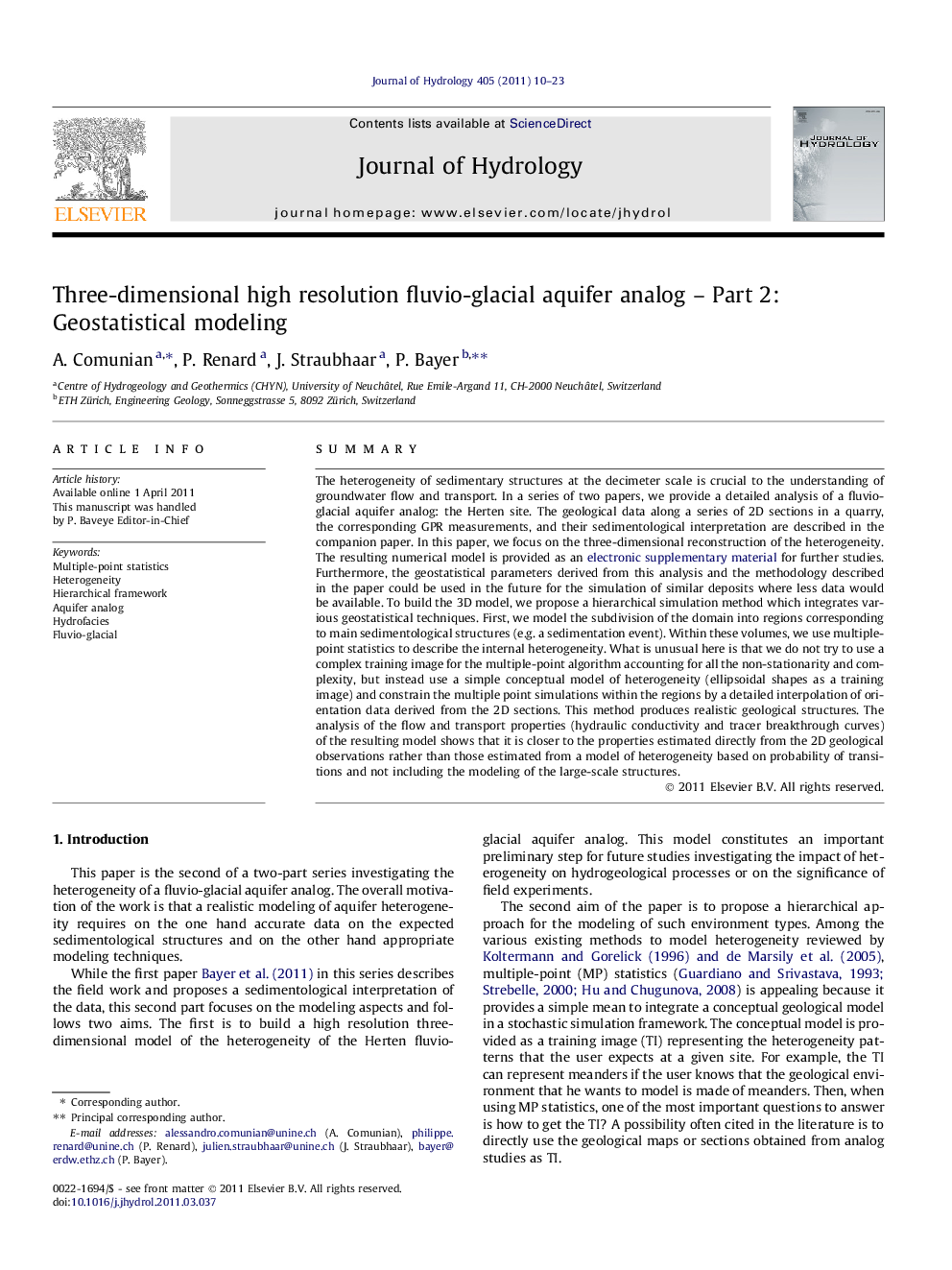 Three-dimensional high resolution fluvio-glacial aquifer analog – Part 2: Geostatistical modeling