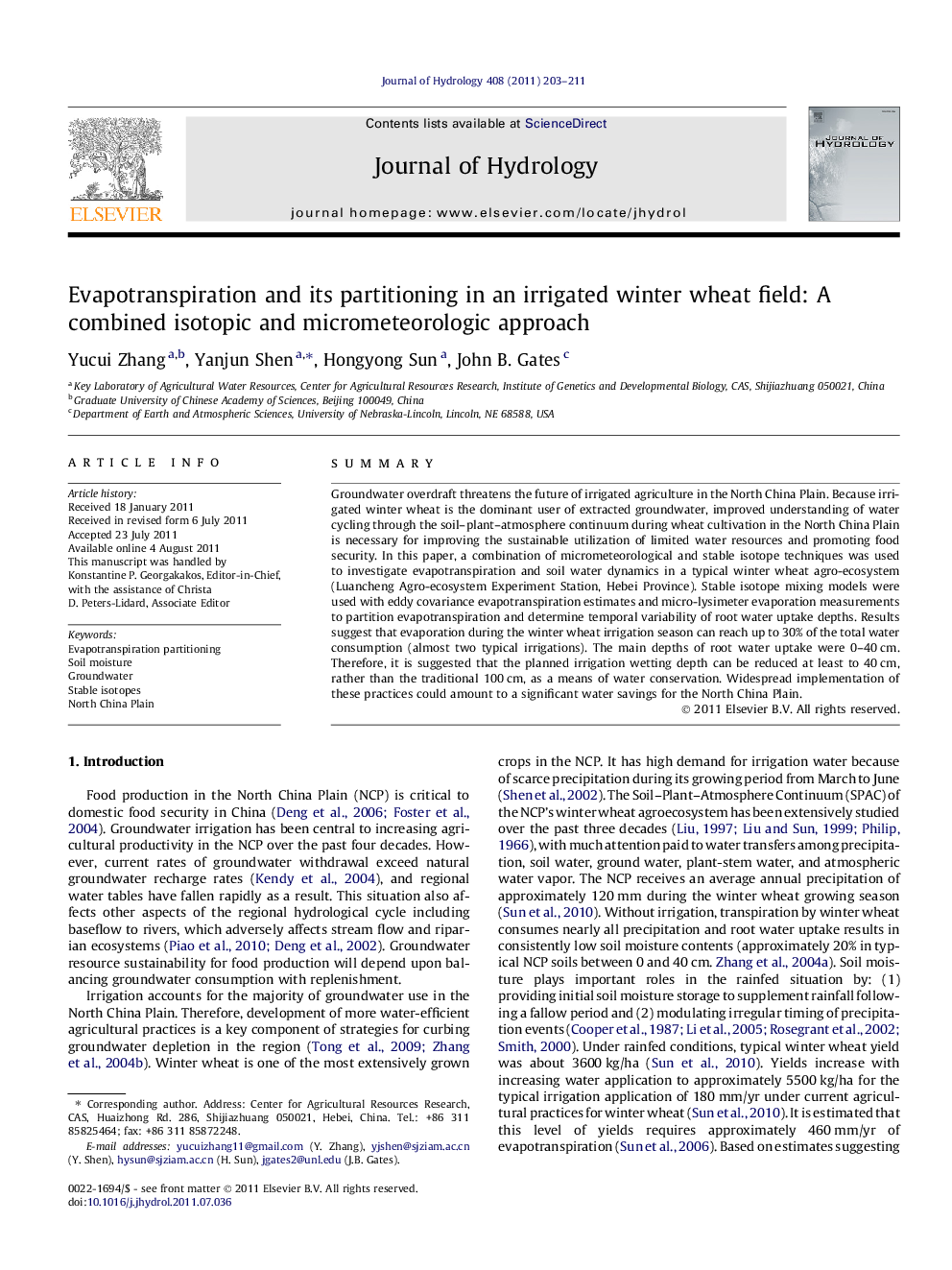 Evapotranspiration and its partitioning in an irrigated winter wheat field: A combined isotopic and micrometeorologic approach