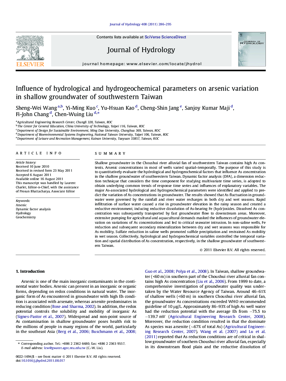 Influence of hydrological and hydrogeochemical parameters on arsenic variation in shallow groundwater of southwestern Taiwan