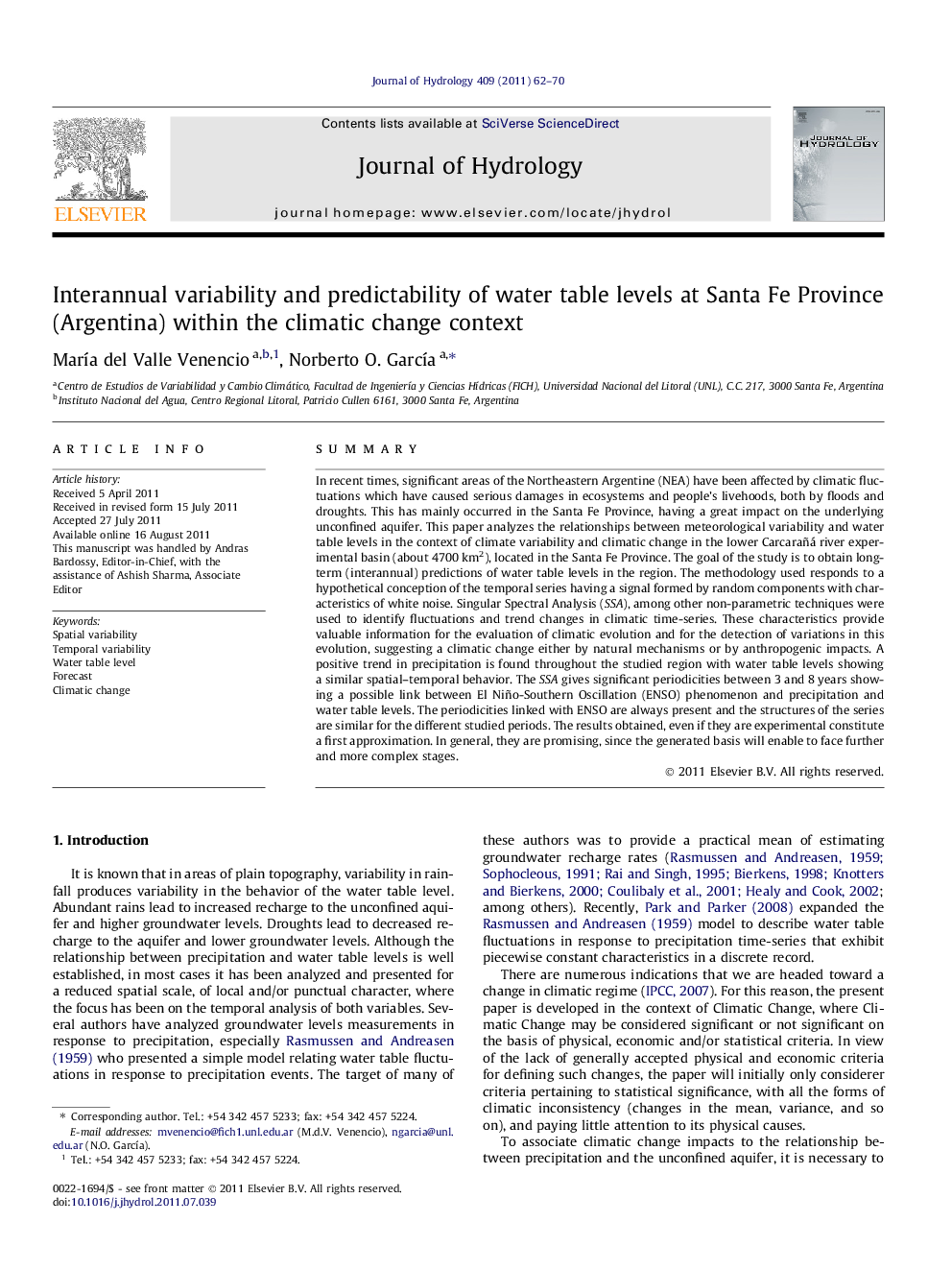 Interannual variability and predictability of water table levels at Santa Fe Province (Argentina) within the climatic change context