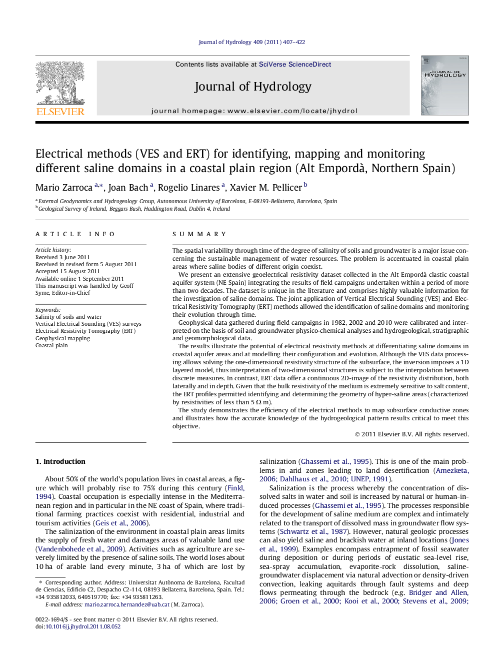 Electrical methods (VES and ERT) for identifying, mapping and monitoring different saline domains in a coastal plain region (Alt Empordà, Northern Spain)