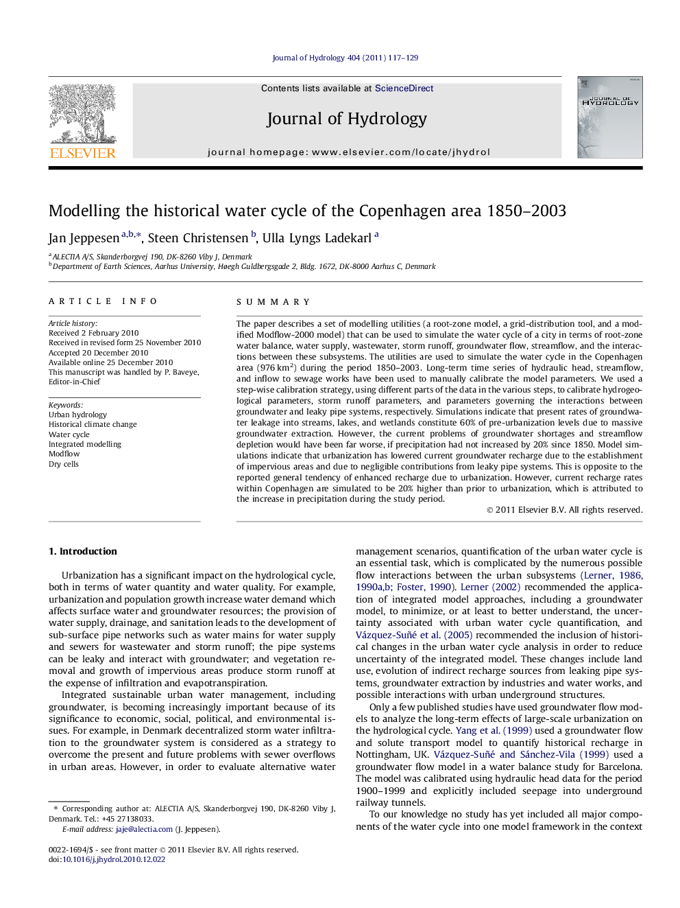 Modelling the historical water cycle of the Copenhagen area 1850–2003