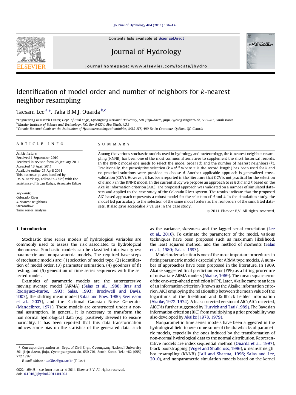 Identification of model order and number of neighbors for k-nearest neighbor resampling