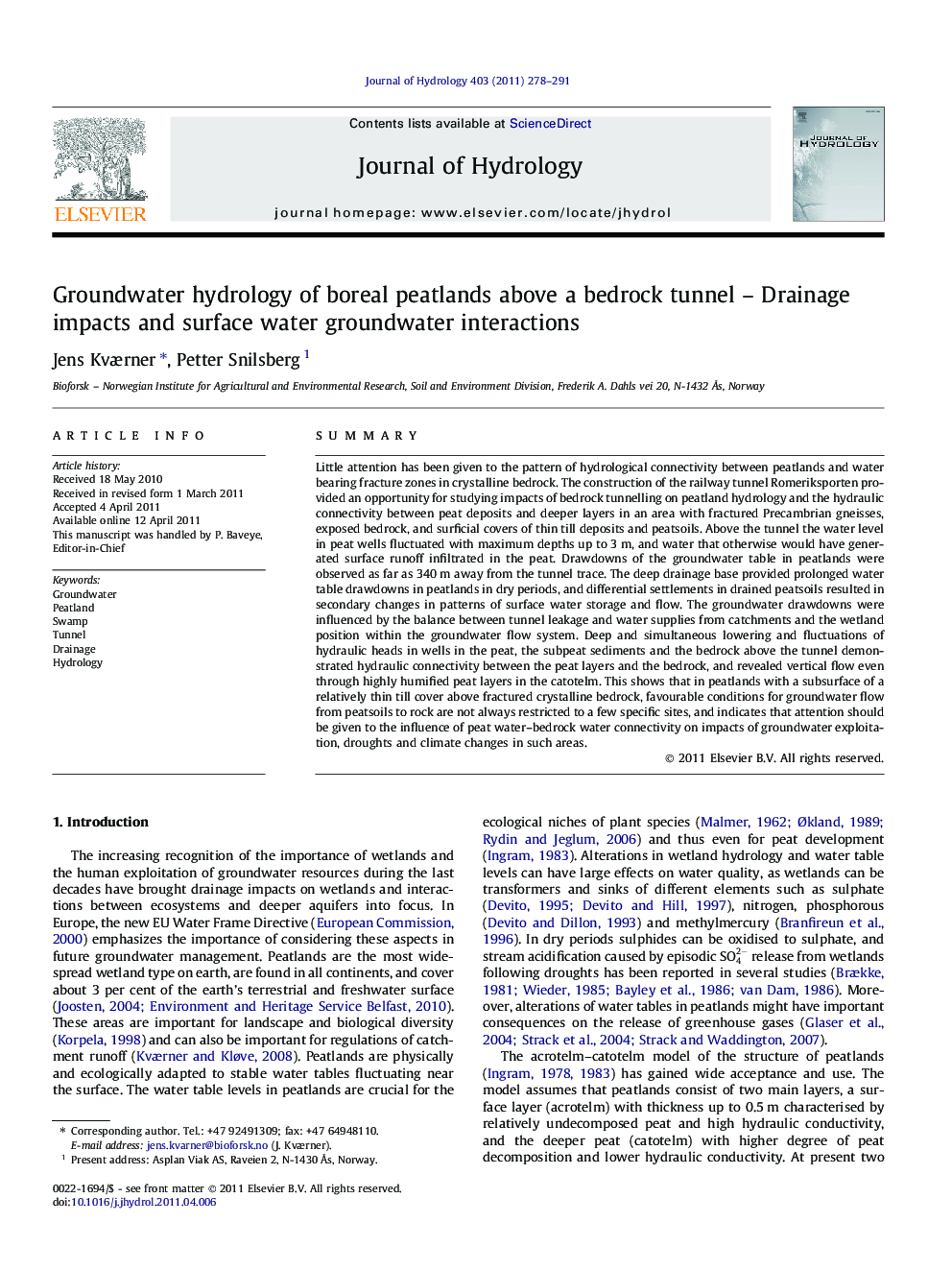 Groundwater hydrology of boreal peatlands above a bedrock tunnel – Drainage impacts and surface water groundwater interactions