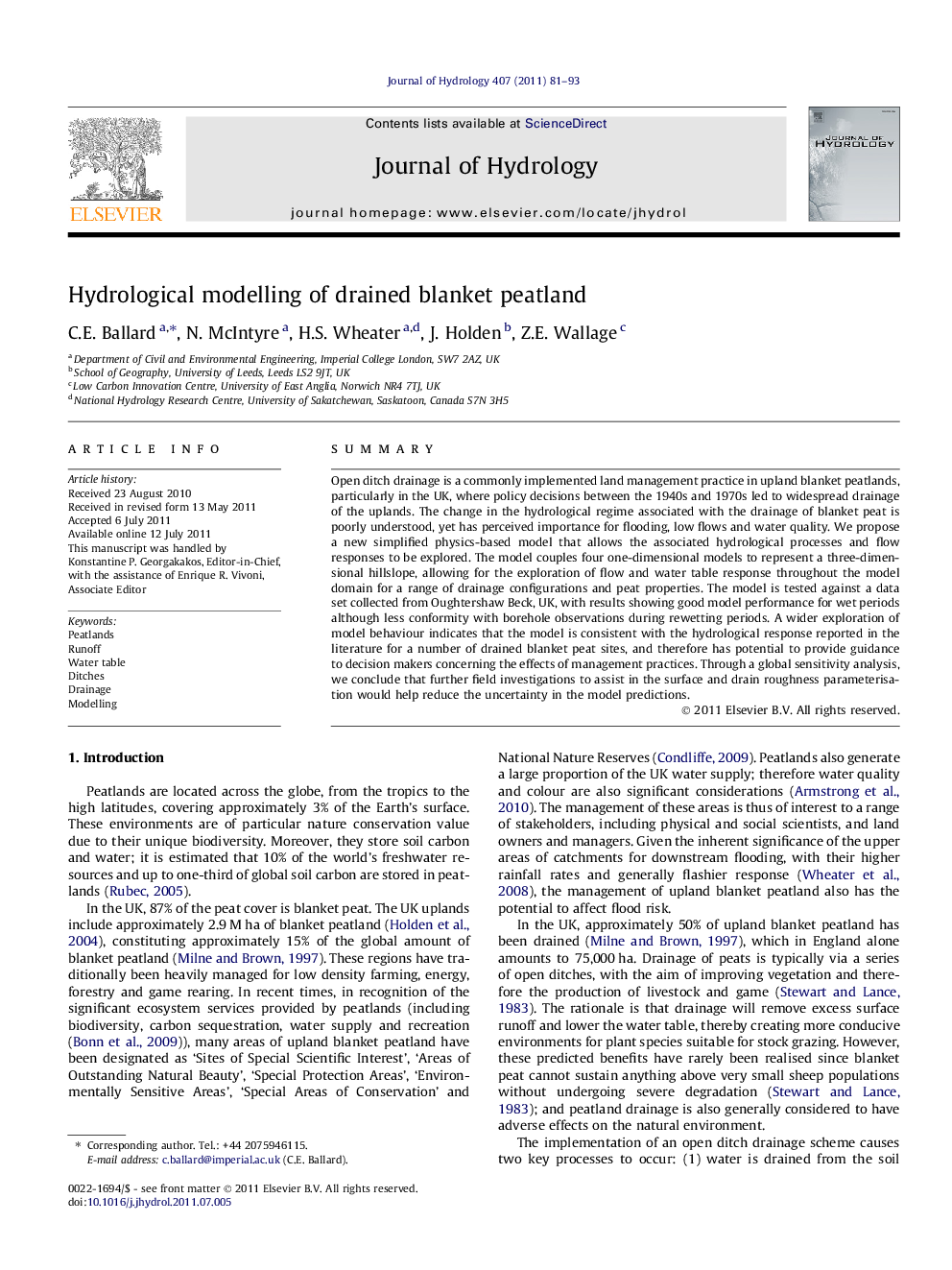 Hydrological modelling of drained blanket peatland