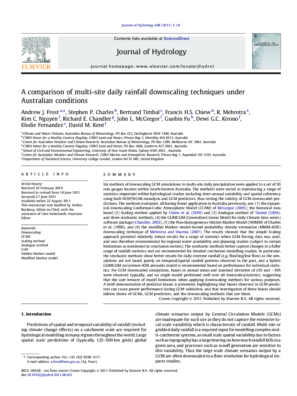 A comparison of multi-site daily rainfall downscaling techniques under Australian conditions