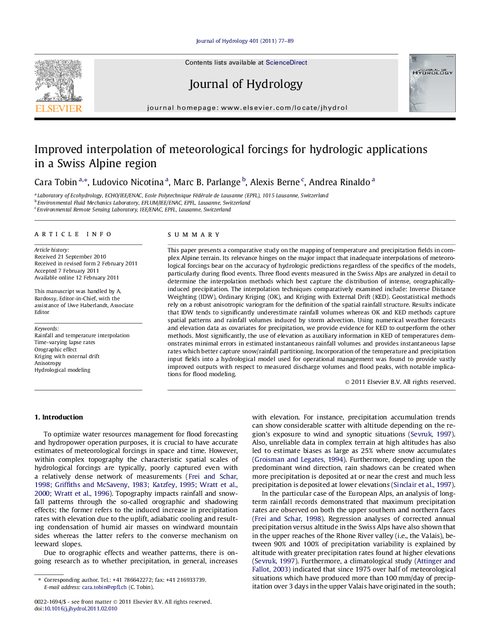 عکس صفحه اول مقاله: Improved interpolation of meteorological forcings for hydrologic applications in a Swiss Alpine region Improved interpolation of meteorological forcings for hydrologic applications in a Swiss Alpine region