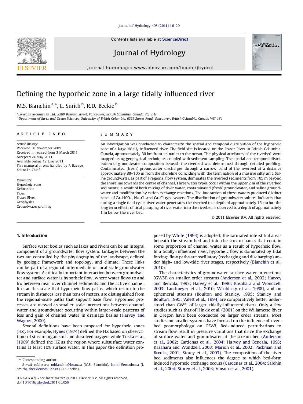 Defining the hyporheic zone in a large tidally influenced river