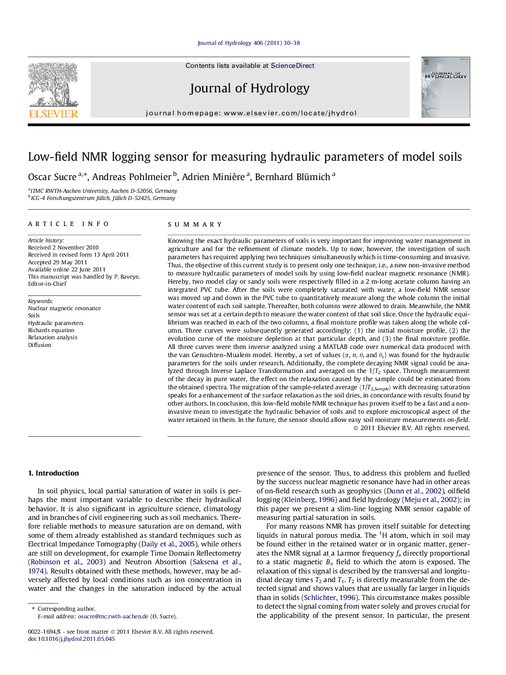 Low-field NMR logging sensor for measuring hydraulic parameters of model soils