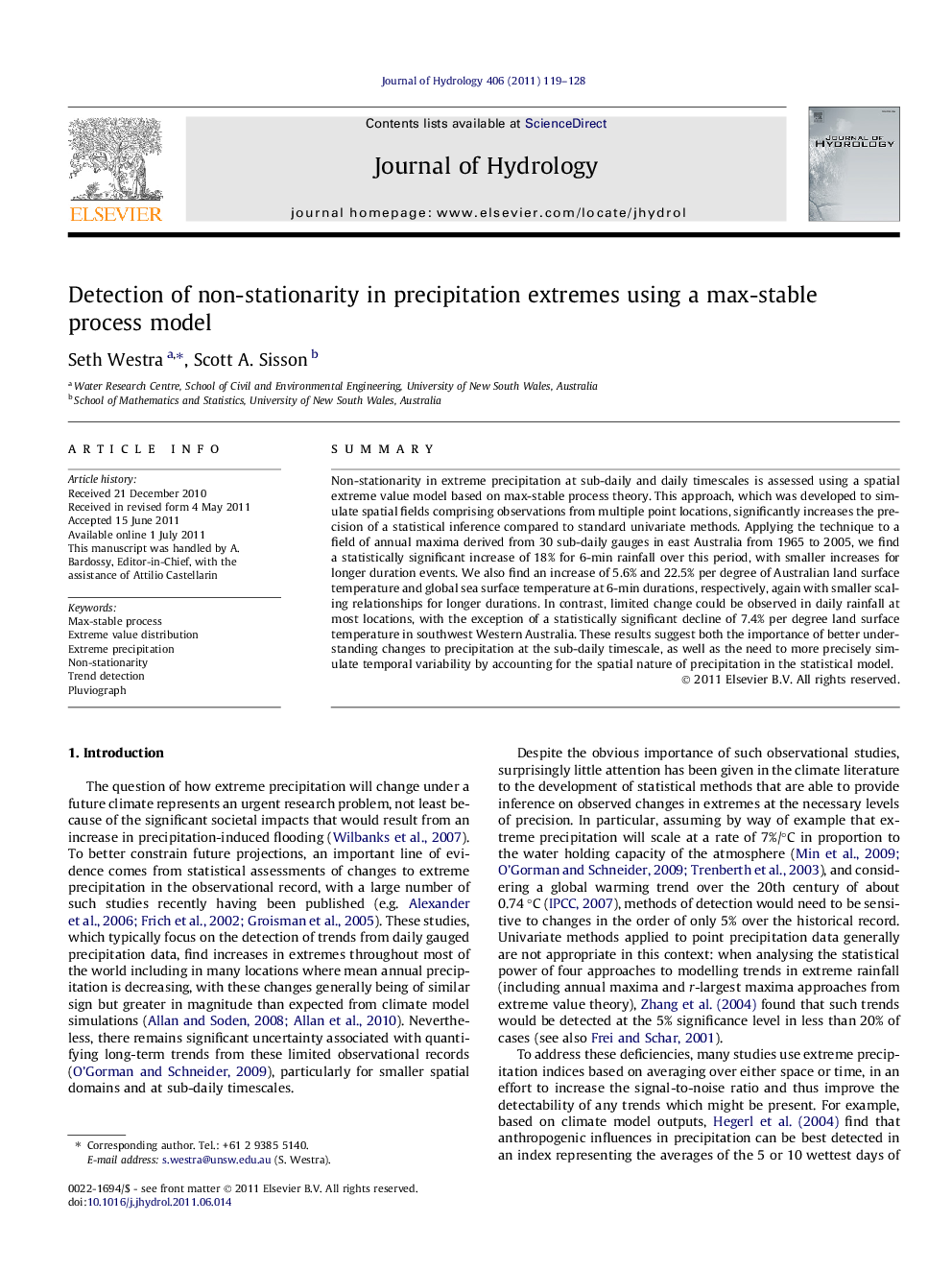 Detection of non-stationarity in precipitation extremes using a max-stable process model