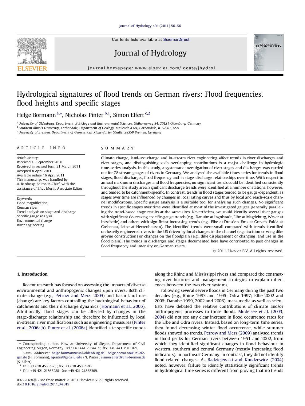 Hydrological signatures of flood trends on German rivers: Flood frequencies, flood heights and specific stages