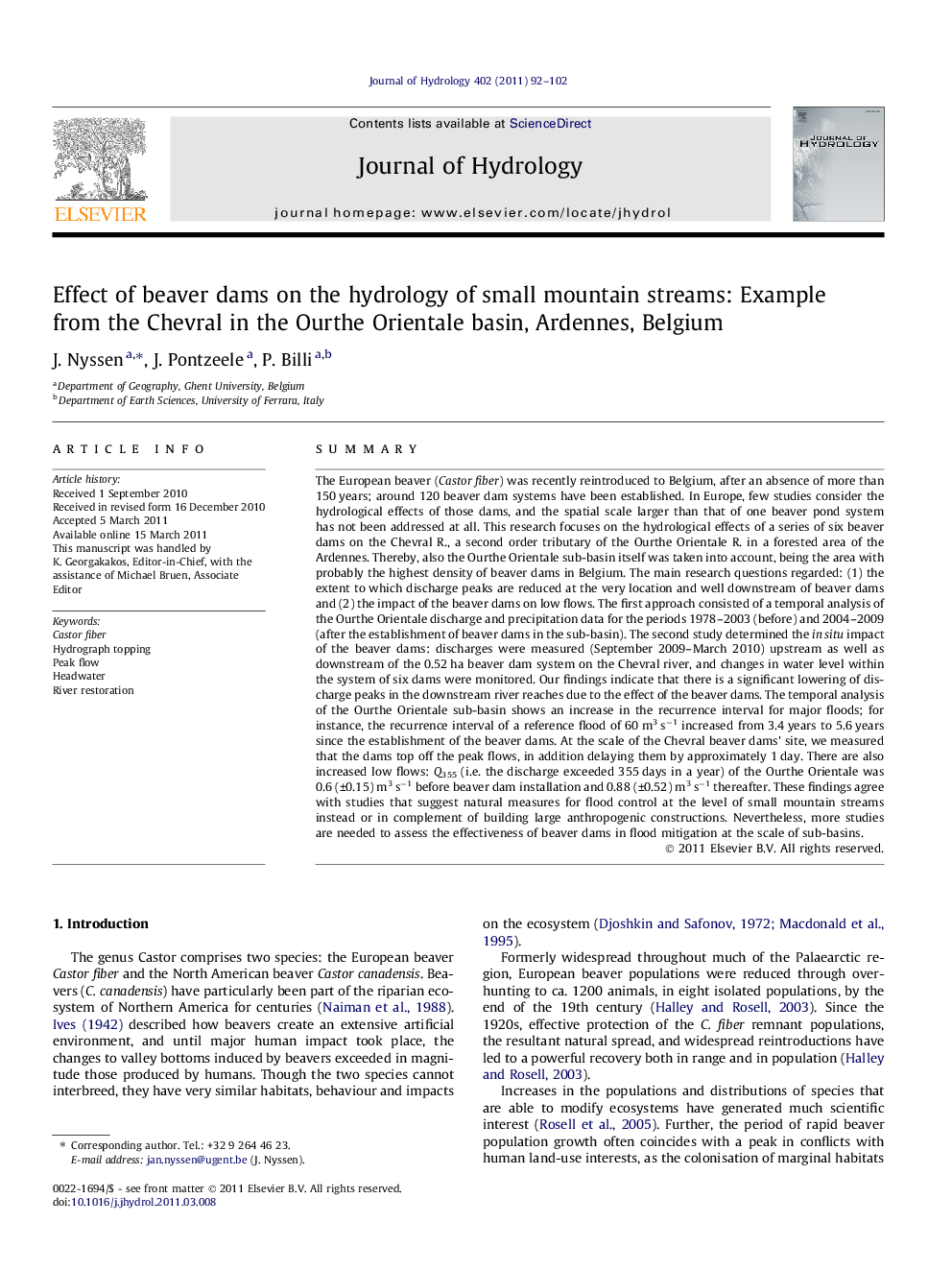 Effect of beaver dams on the hydrology of small mountain streams: Example from the Chevral in the Ourthe Orientale basin, Ardennes, Belgium