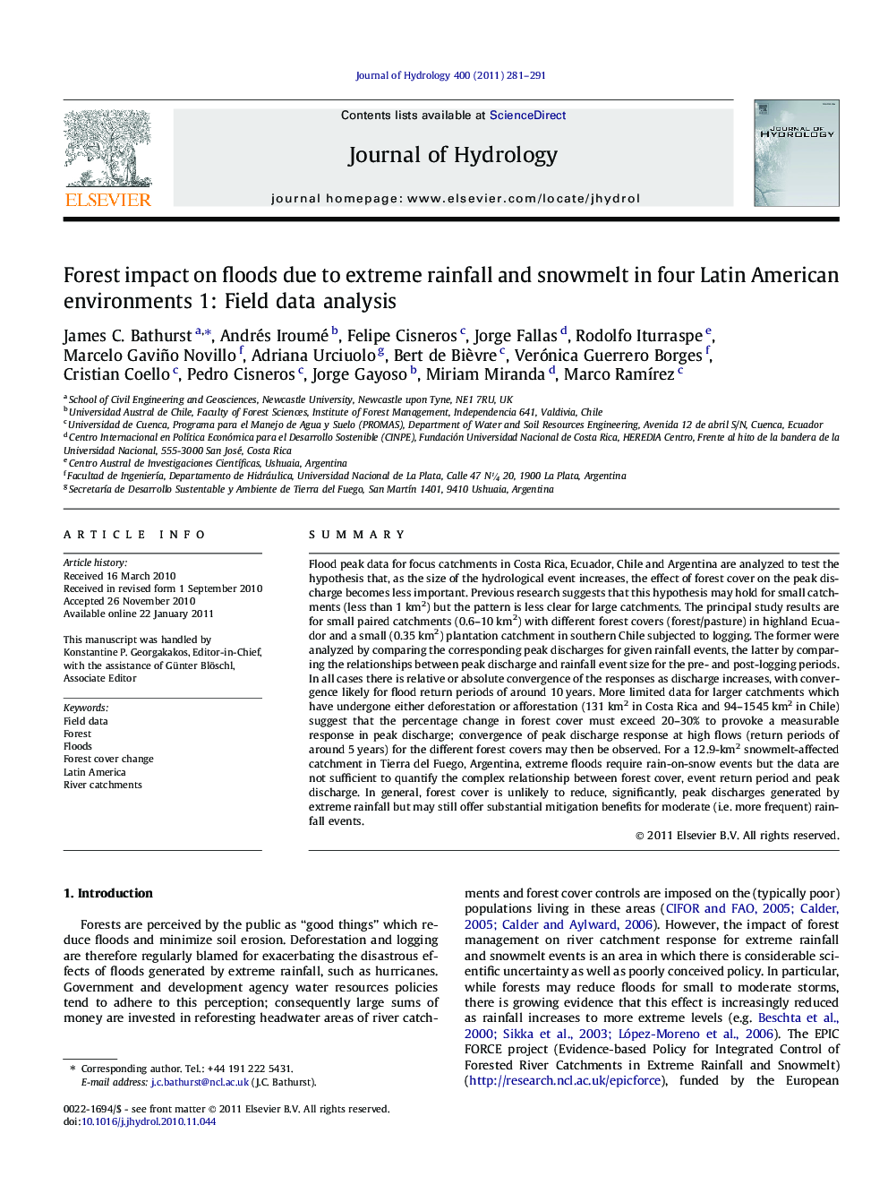 Forest impact on floods due to extreme rainfall and snowmelt in four Latin American environments 1: Field data analysis