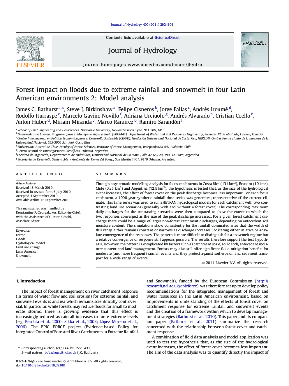 Forest impact on floods due to extreme rainfall and snowmelt in four Latin American environments 2: Model analysis