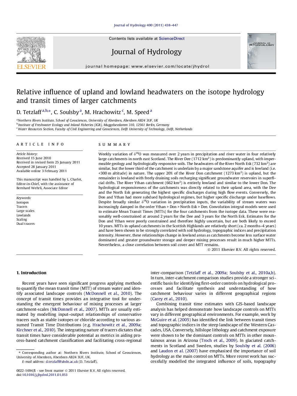 Relative influence of upland and lowland headwaters on the isotope hydrology and transit times of larger catchments