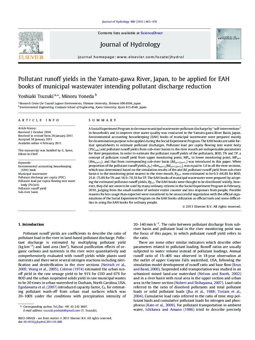 Pollutant runoff yields in the Yamato-gawa River, Japan, to be applied for EAH books of municipal wastewater intending pollutant discharge reduction