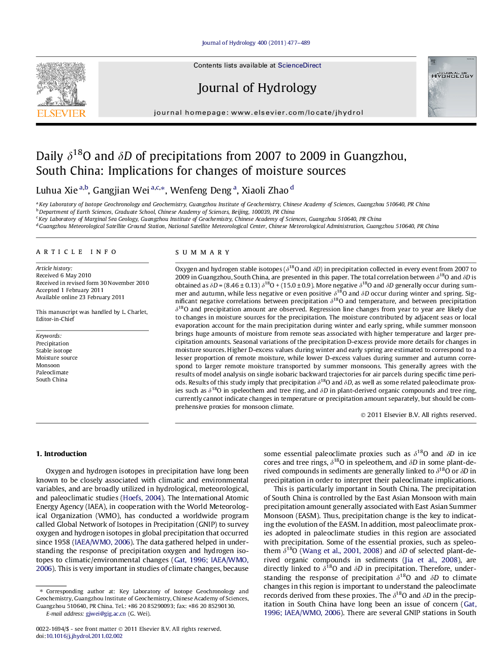 Daily δ18O and δD of precipitations from 2007 to 2009 in Guangzhou, South China: Implications for changes of moisture sources