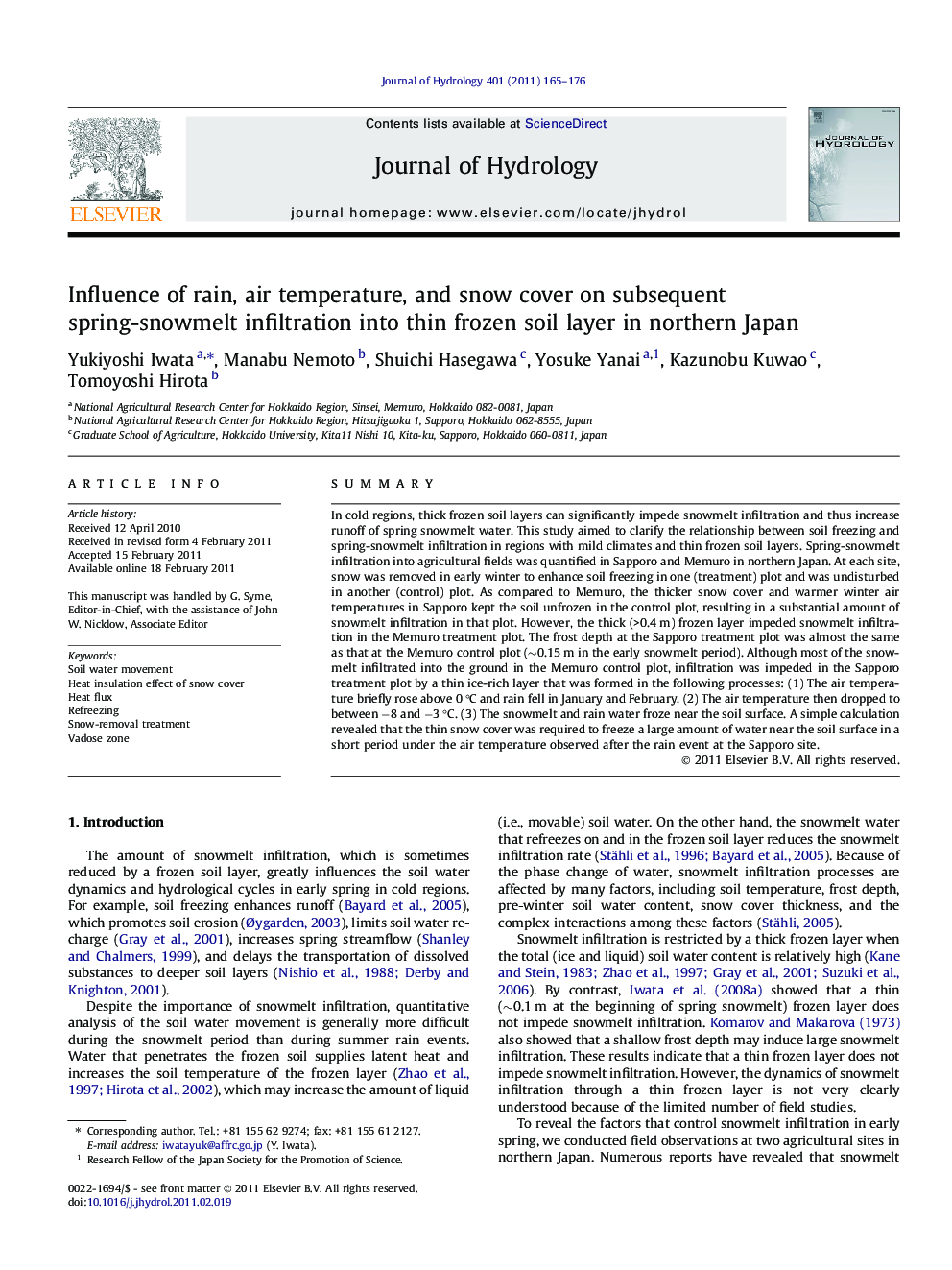 Influence of rain, air temperature, and snow cover on subsequent spring-snowmelt infiltration into thin frozen soil layer in northern Japan