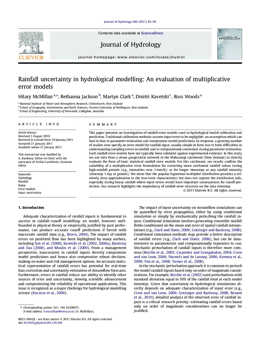 Rainfall uncertainty in hydrological modelling: An evaluation of multiplicative error models