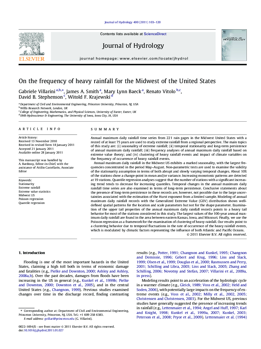 On the frequency of heavy rainfall for the Midwest of the United States