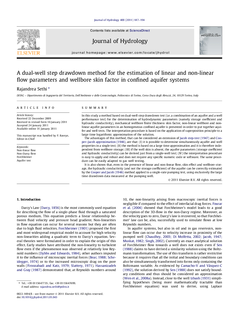 A dual-well step drawdown method for the estimation of linear and non-linear flow parameters and wellbore skin factor in confined aquifer systems