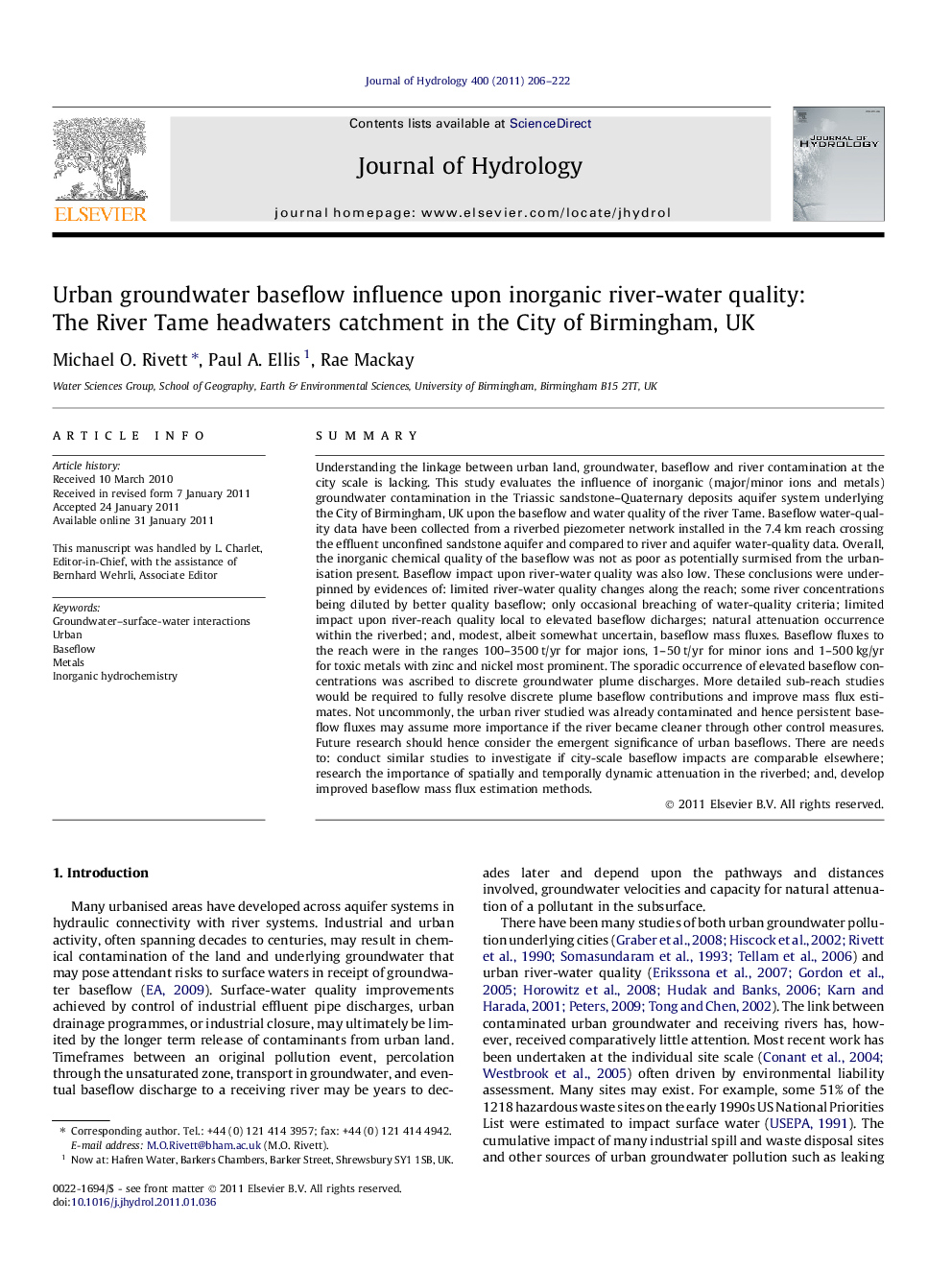 Urban groundwater baseflow influence upon inorganic river-water quality: The River Tame headwaters catchment in the City of Birmingham, UK