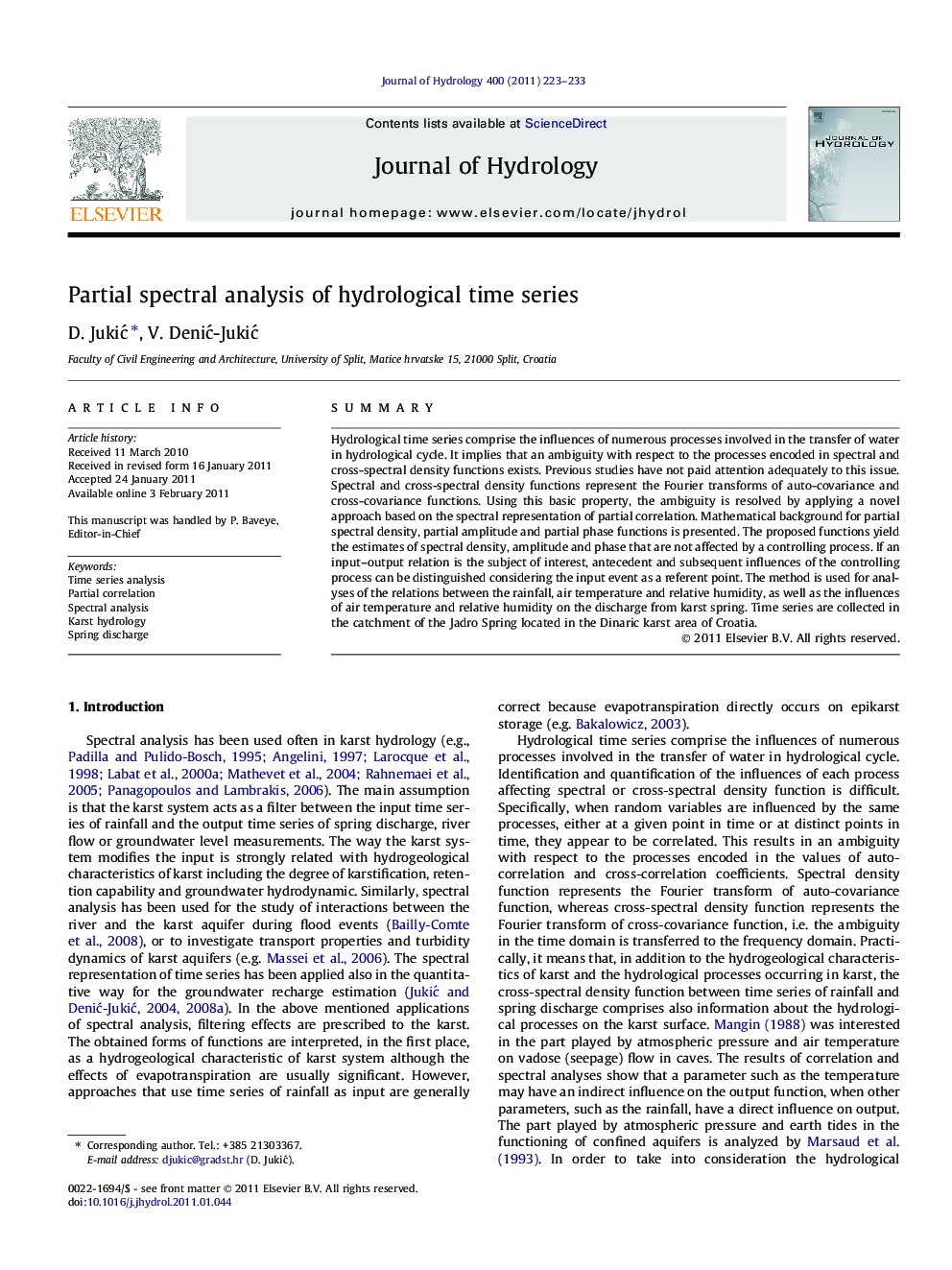 Partial spectral analysis of hydrological time series