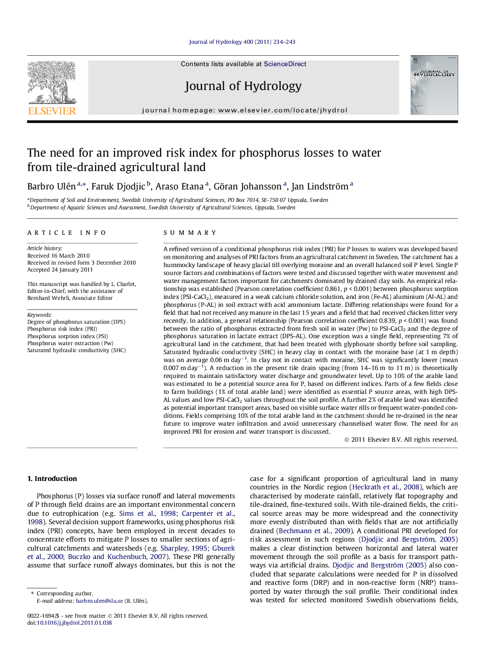 عکس صفحه اول مقاله: The need for an improved risk index for phosphorus losses to water from tile-drained agricultural land The need for an improved risk index for phosphorus losses to water from tile-drained agricultural land