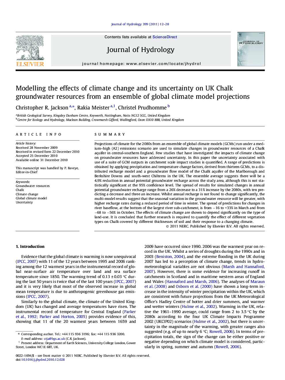 Modelling the effects of climate change and its uncertainty on UK Chalk groundwater resources from an ensemble of global climate model projections