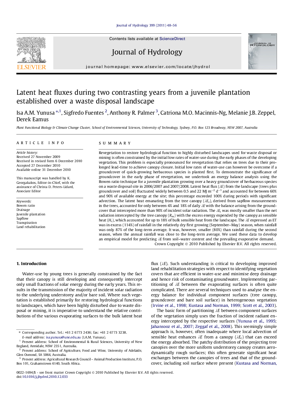 Latent heat fluxes during two contrasting years from a juvenile plantation established over a waste disposal landscape