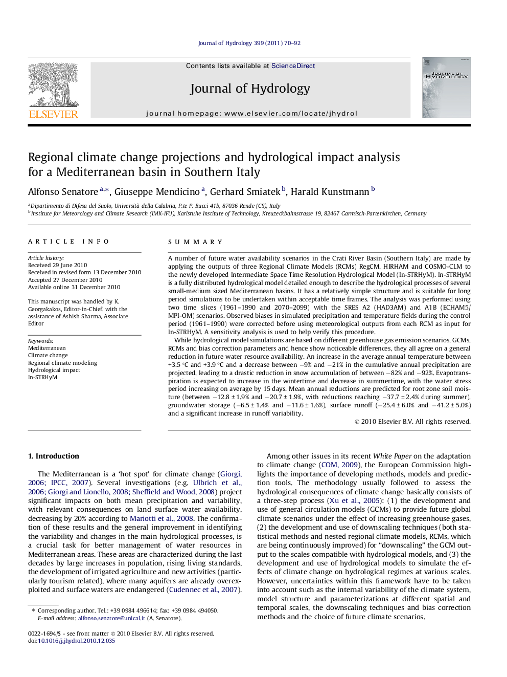 Regional climate change projections and hydrological impact analysis for a Mediterranean basin in Southern Italy