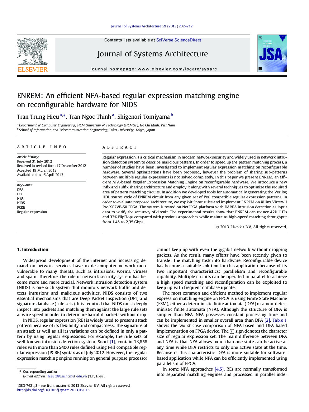 ENREM: An efficient NFA-based regular expression matching engine on reconfigurable hardware for NIDS