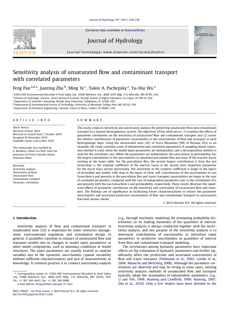 Sensitivity analysis of unsaturated flow and contaminant transport with correlated parameters