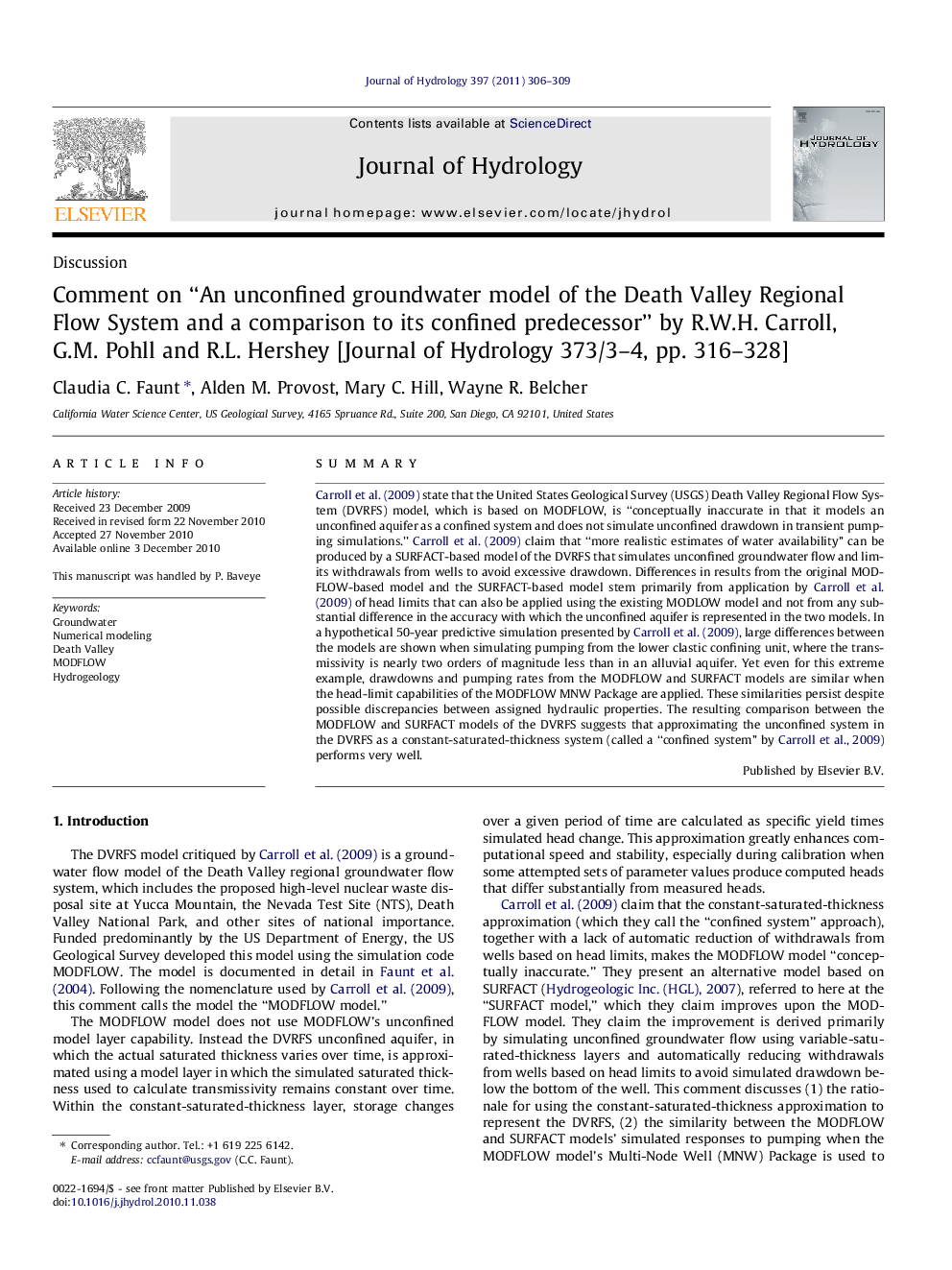 Comment on “An unconfined groundwater model of the Death Valley Regional Flow System and a comparison to its confined predecessor” by R.W.H. Carroll, G.M. Pohll and R.L. Hershey [Journal of Hydrology 373/3–4, pp. 316–328]