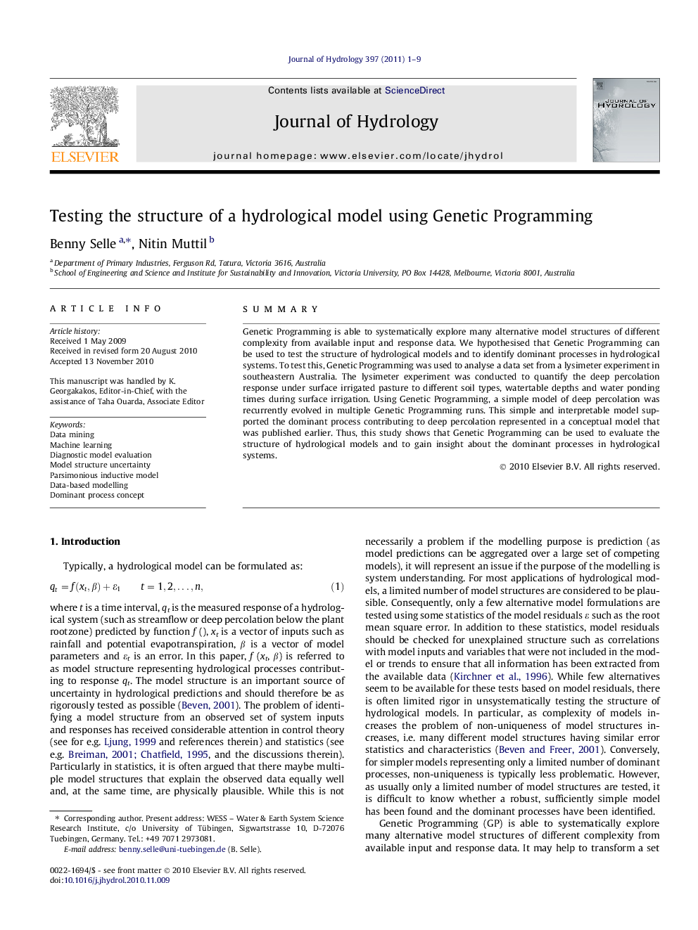 Testing the structure of a hydrological model using Genetic Programming