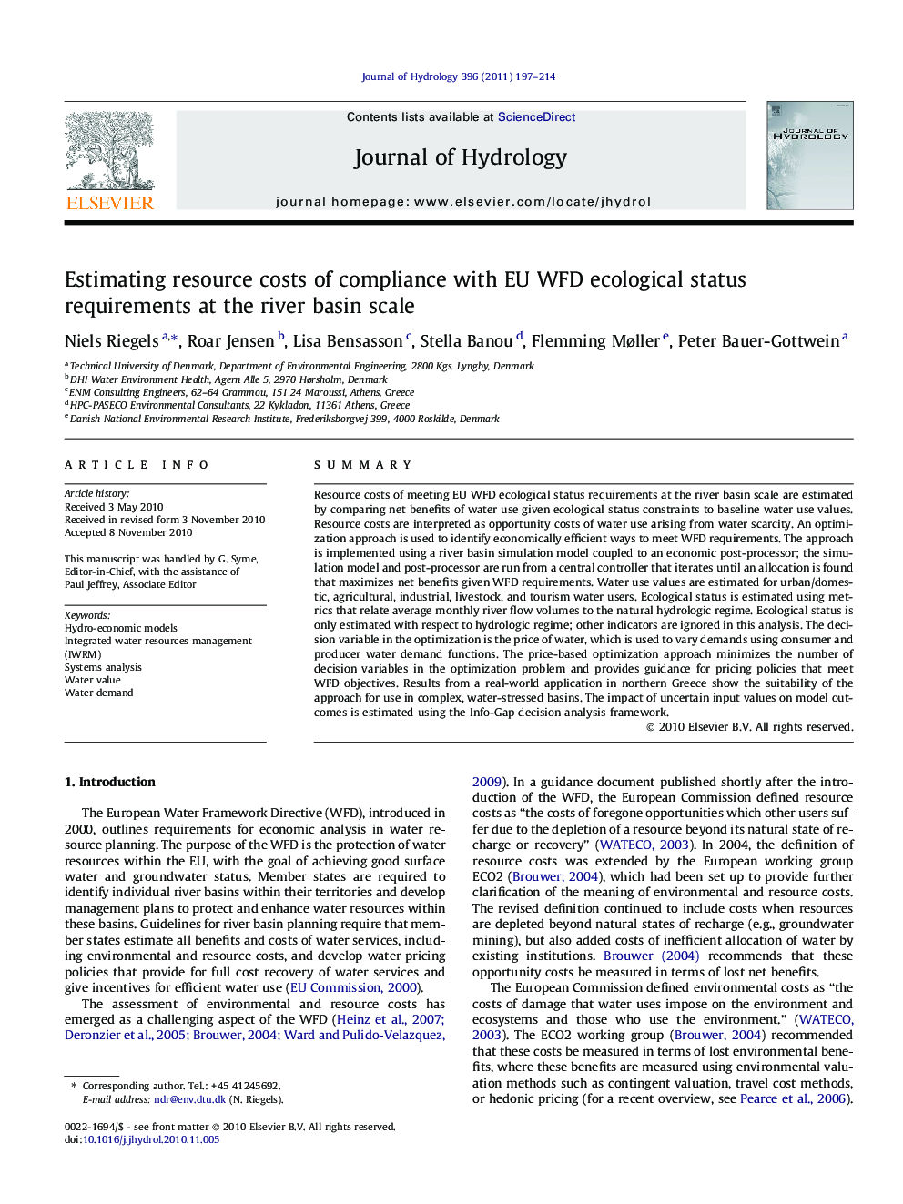 Estimating resource costs of compliance with EU WFD ecological status requirements at the river basin scale